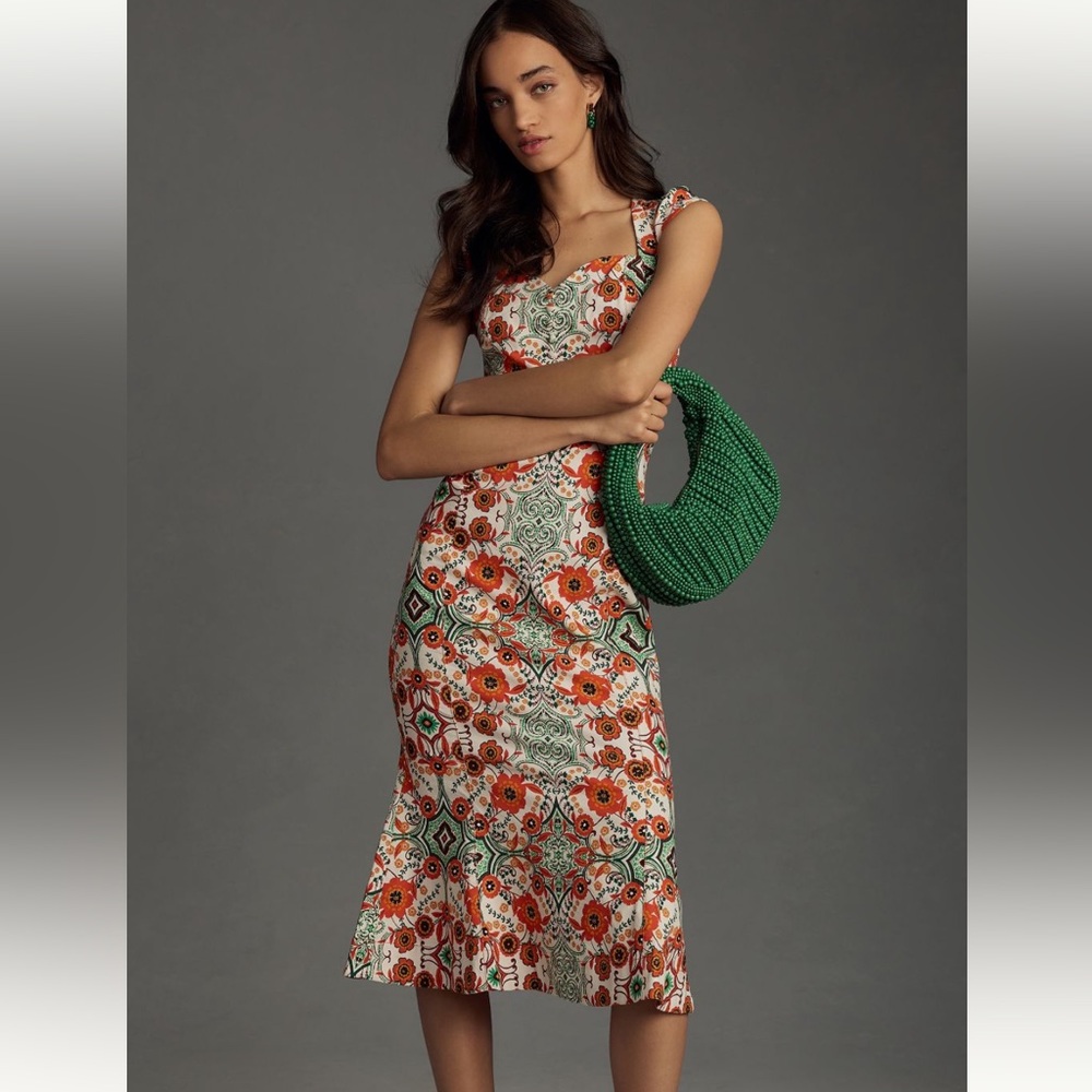 Floral Midi Dress with Orange & Green Print
